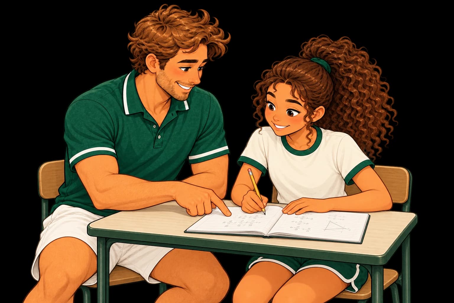 Une élève écrit dans son cahier pendant qu’un professeur particulier, assis à ses côtés, lui explique un exercice.